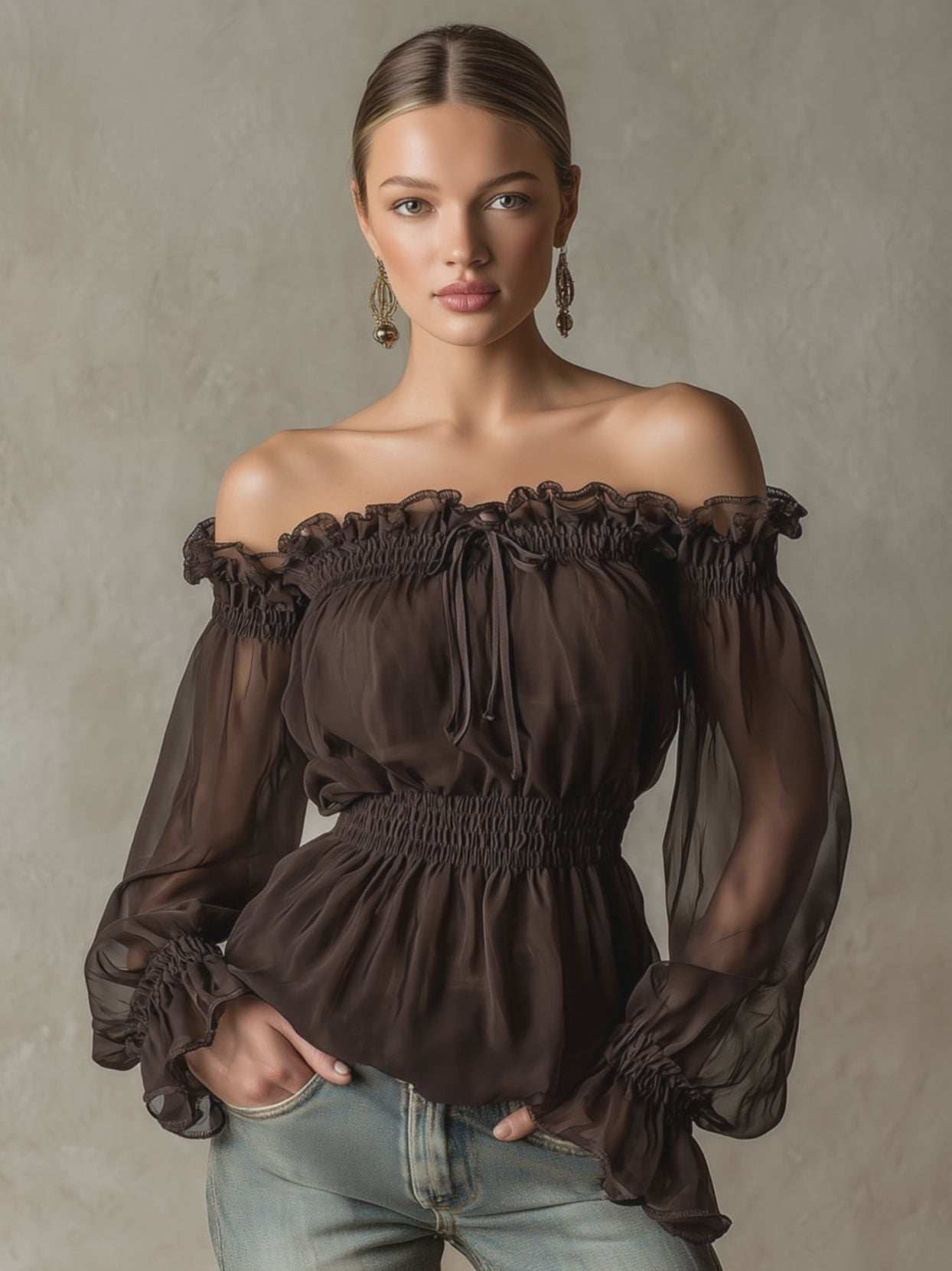 Fashionable Retro Ruffled Brown Off-shoulder Chiffon Blouse