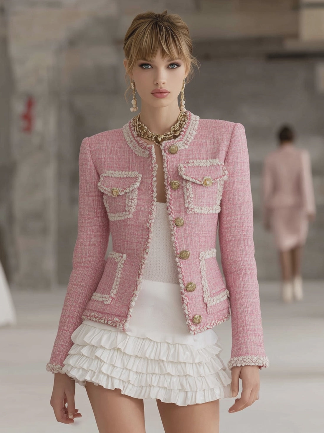 Designer Pink Tweed Patchwork White Trim Button Jacket