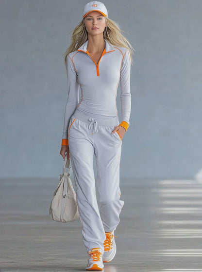 Fashionable Sporty Gray-blue Long-sleeved Half-zip Top And Trousers Set