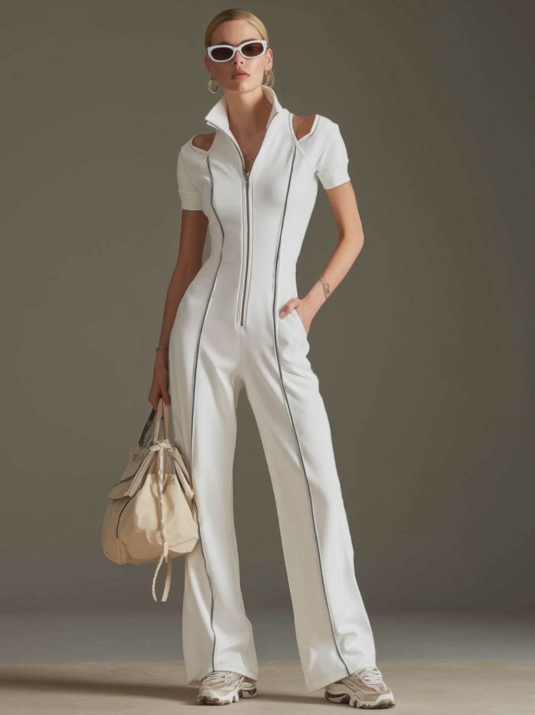 Sporty Retro Short-sleeved Openwork Ribbon White Cotton Blend Wide-leg Jumpsuit