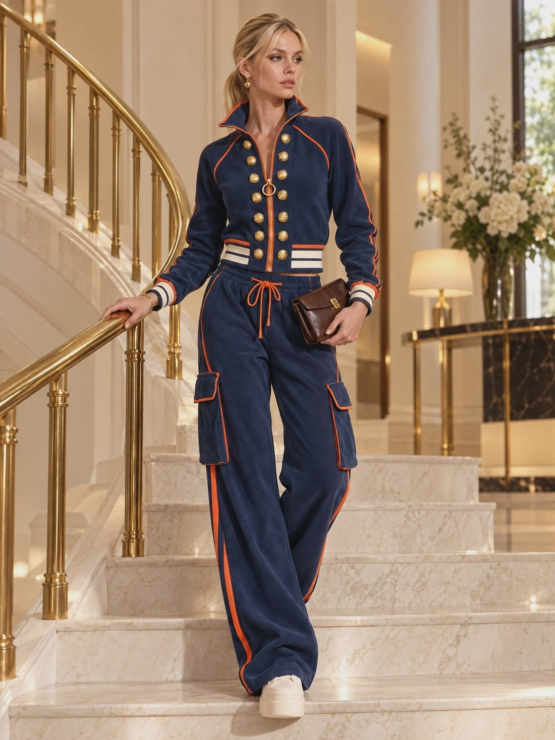 Sporty Retro Double-breasted Decorative Button-down Blue Jacket And Trousers Set