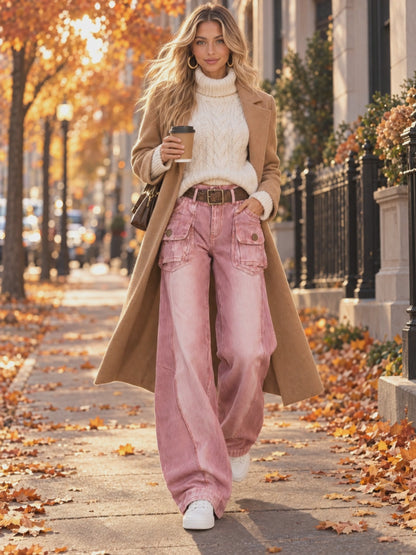 Pink Acid Wash Wide Leg Cargo Jeans