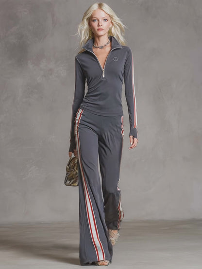 Elegant Retro Sporty Gray Cotton Fabric Lapel Front Zipper Top And Pant Set
