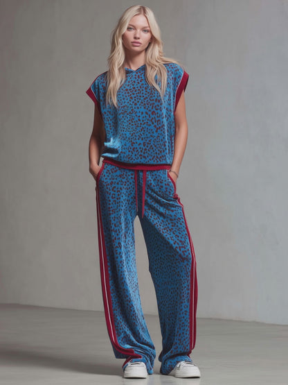 Leopard Print Hooded Sleeveless Top And Velvet Trousers Set