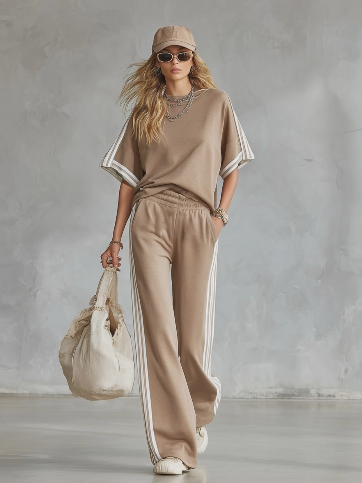 Casual Everyday Sports Striped-trim Khaki T-shirt And Pants Set