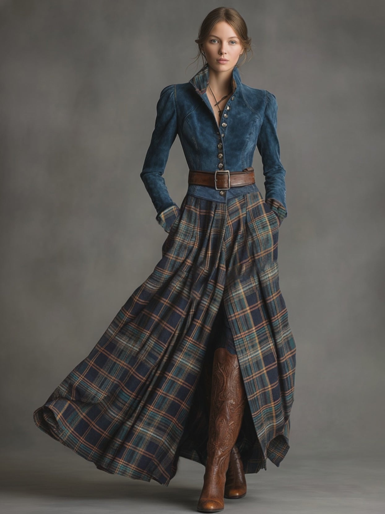 Retro Ethnic Style Belt Blue Faux Suede Plaid Maxi Dress