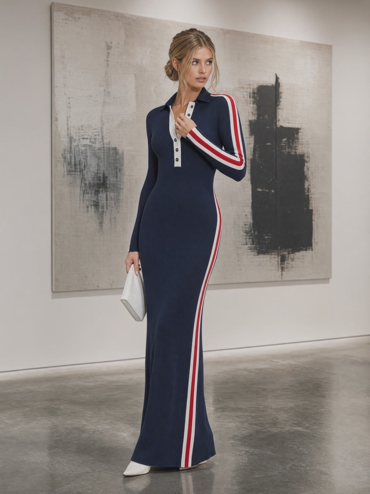 Retro Sporty Navy Striped Polo Half-Button Long-Sleeve Knit Maxi Dress