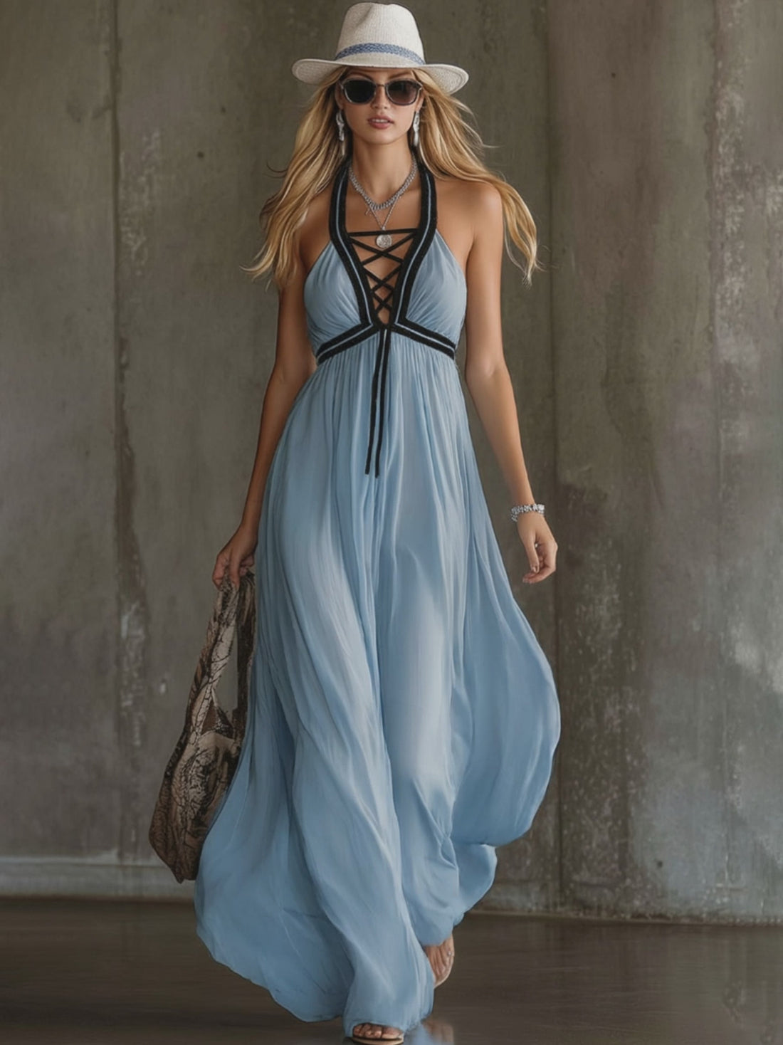 Chiffon Color-blocked Strapless Sleeveless Maxi Dress