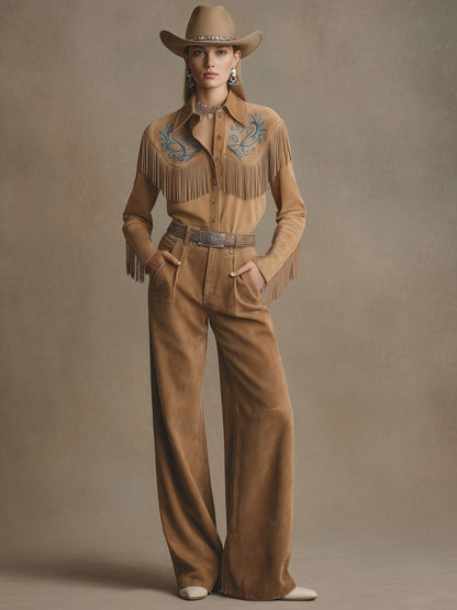 Western-style Retro Embroidered Tassel Camel Faux Suede Long-sleeved Shirt