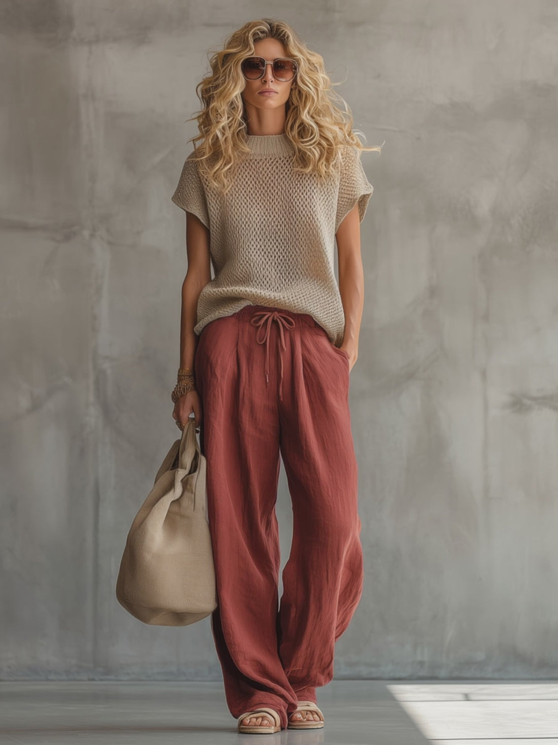 Retro Short-sleeved Knit Top And Brick Red Cotton Linen Wide-leg Pants Set