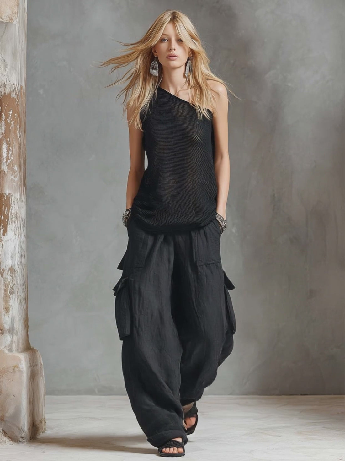 Casual Vacation Black Knitted One-Shoulder Top And Cotton-Linen Pants Set