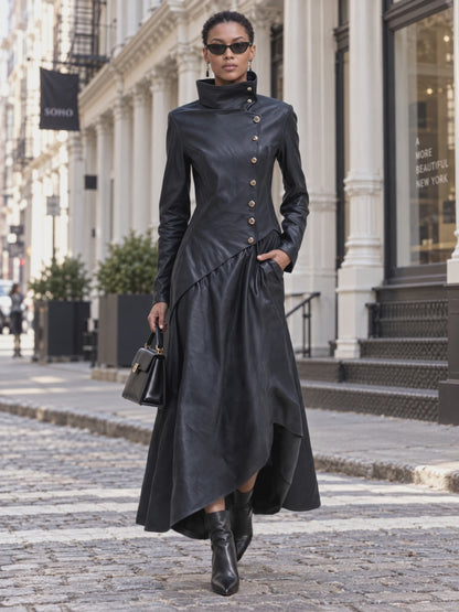 Vintage Fashion Leather Maxi Dress Coat High Collar Asymmetric Hem Long Sleeve