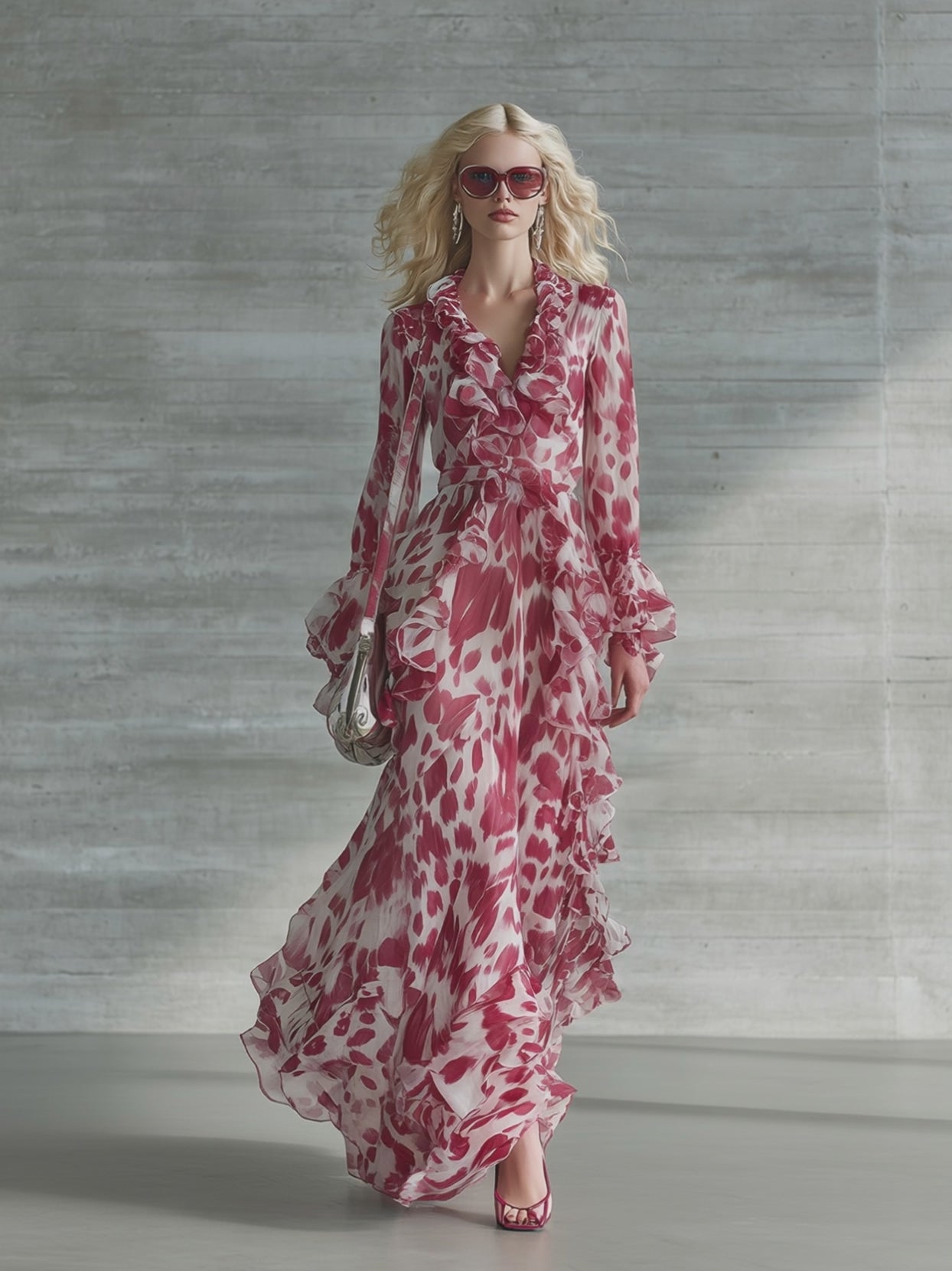 Romantic Bohemian Print Ruffle V-neck Maxi Dress