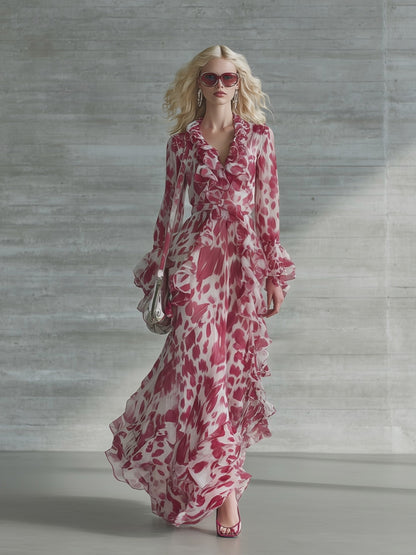 Romantic Bohemian Print Ruffle V-neck Maxi Dress