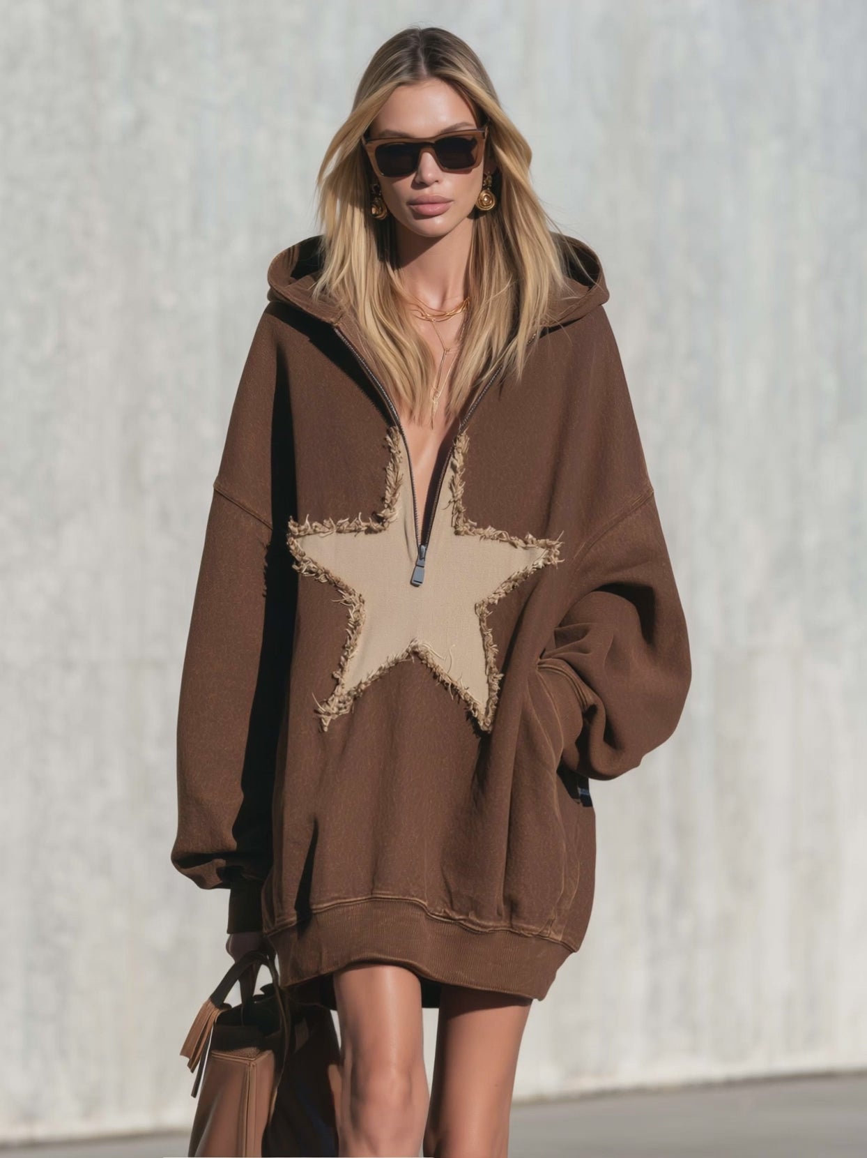 Comfortable Casual Hooded V-neck Star Appliqué Chocolate Cotton Mini Dress