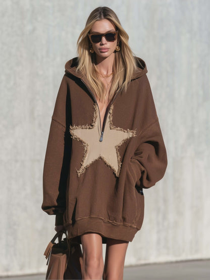 Comfortable Casual Hooded V-neck Star Appliqué Chocolate Cotton Mini Dress