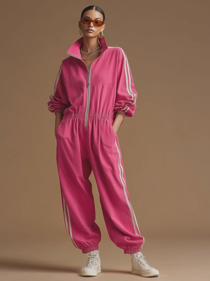 Retro Sporty Woven Rose Red Cotton Wide-leg Jumpsuit