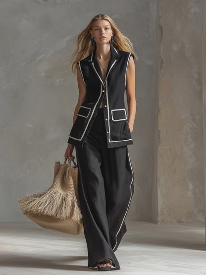 Elegant Urban Style Black Cotton And Linen Mid-length Vest And Wide-leg Pants Set