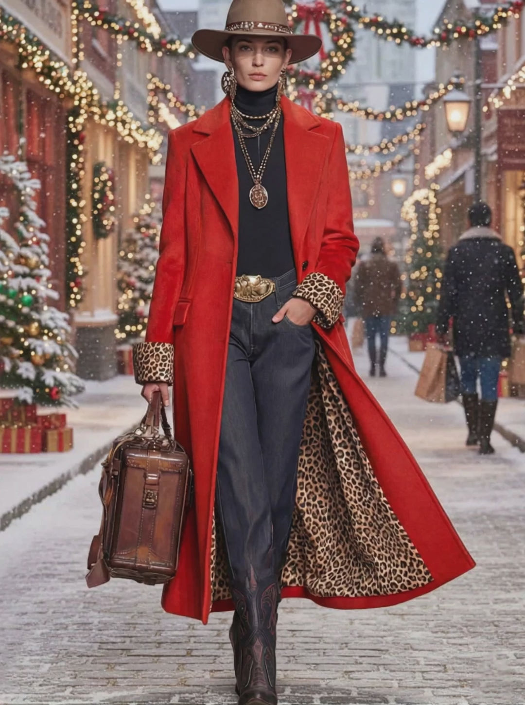 Lapel Single-breasted Leopard Print Wool Coat