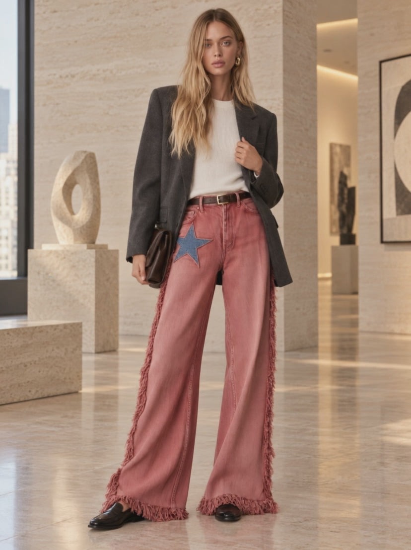 Retro Western Star Patch Fringe Wide Leg Women&