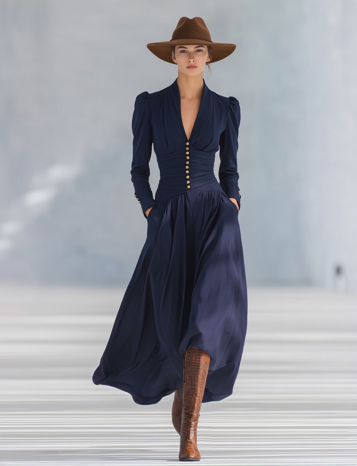 Stylish Elegant Button-decorated V-neck Long-sleeved Maxi Dress