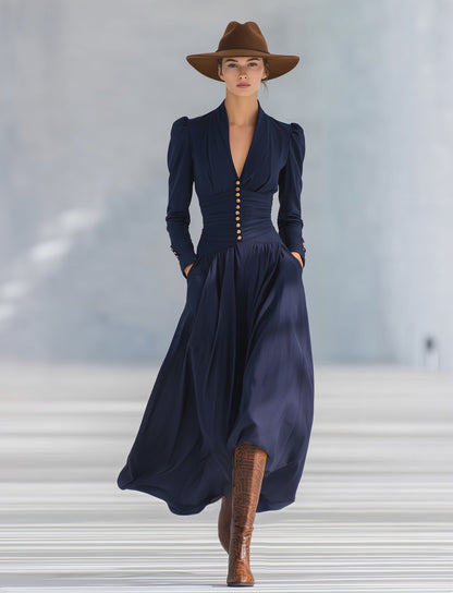 Stylish Elegant Button-decorated V-neck Long-sleeved Maxi Dress