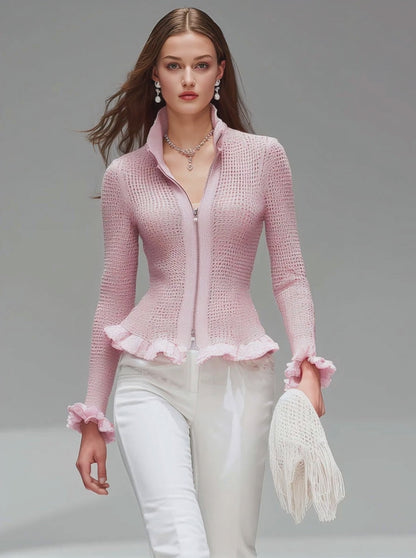 Pink Stand-up Collar Zipper Ruffled Mesh Knit Cardigan