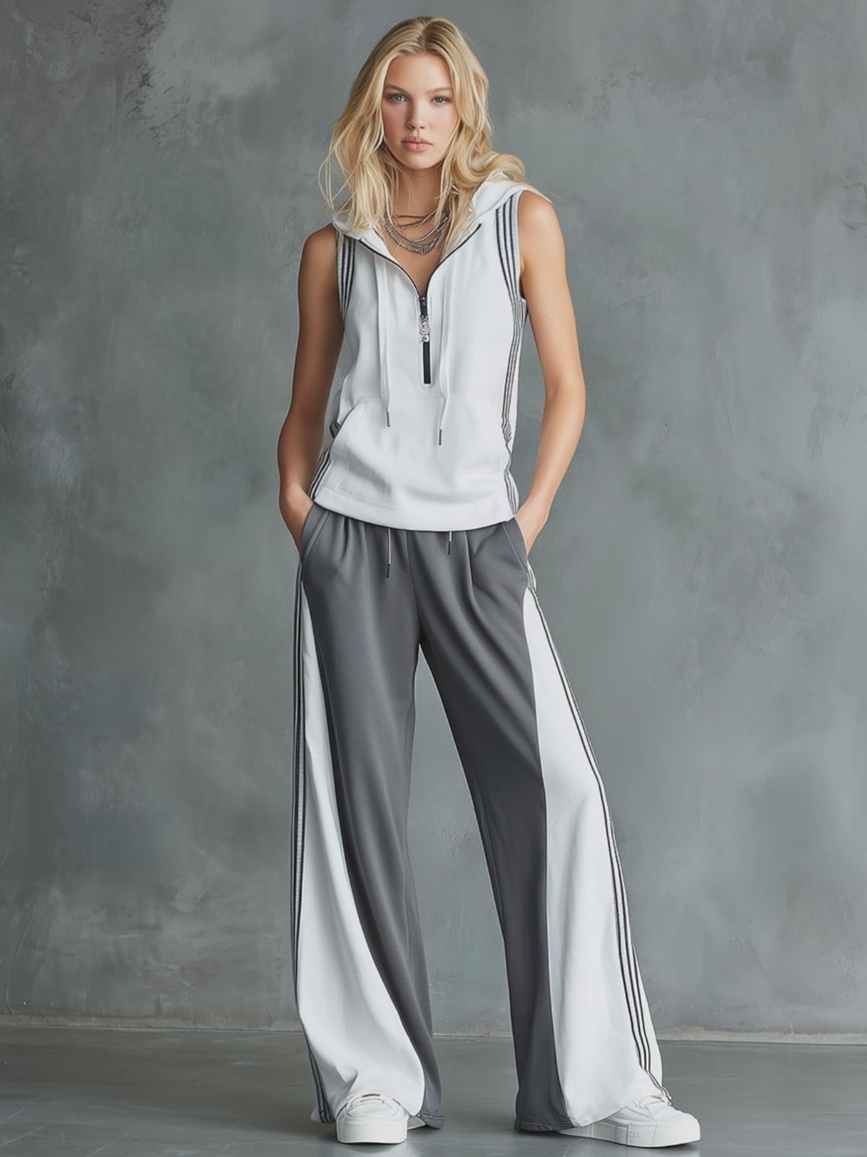 Casual Sporty Color-Block Hooded Sleeveless Top And Wide-Leg Pants Set