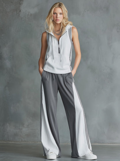 Casual Sporty Color-Block Hooded Sleeveless Top And Wide-Leg Pants Set