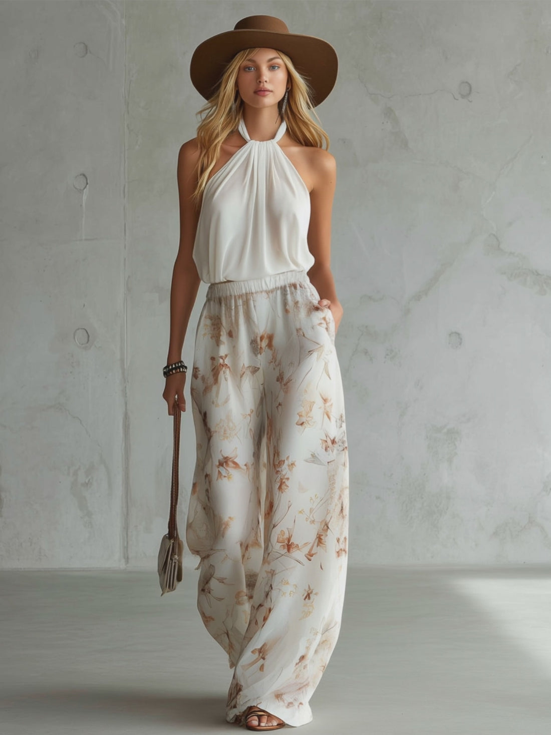 Halter-neck Sleeveless Top And Printed Chiffon Trousers Set