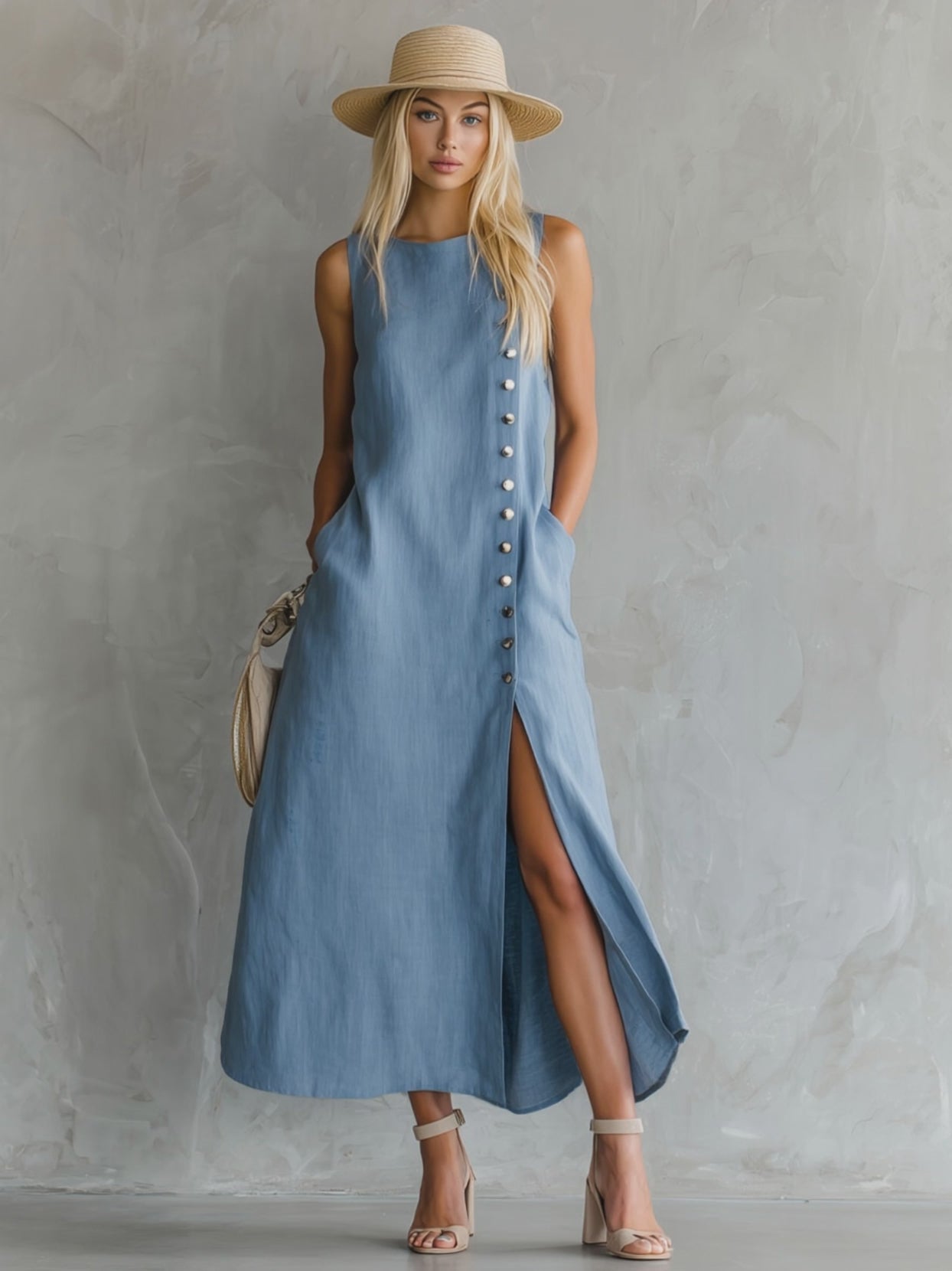 Blue Round Neck Side Slit Sleeveless Cotton Midi Dress