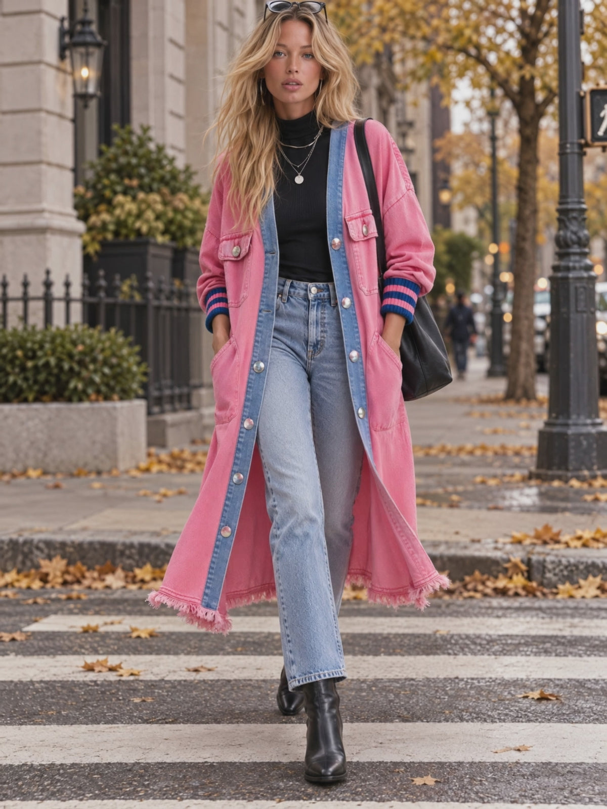 Retro Casual Pink Washed Denim Color block Shirt Dress