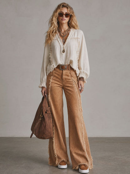 Casual Retro Frayed Off-white Long-sleeved Shirt