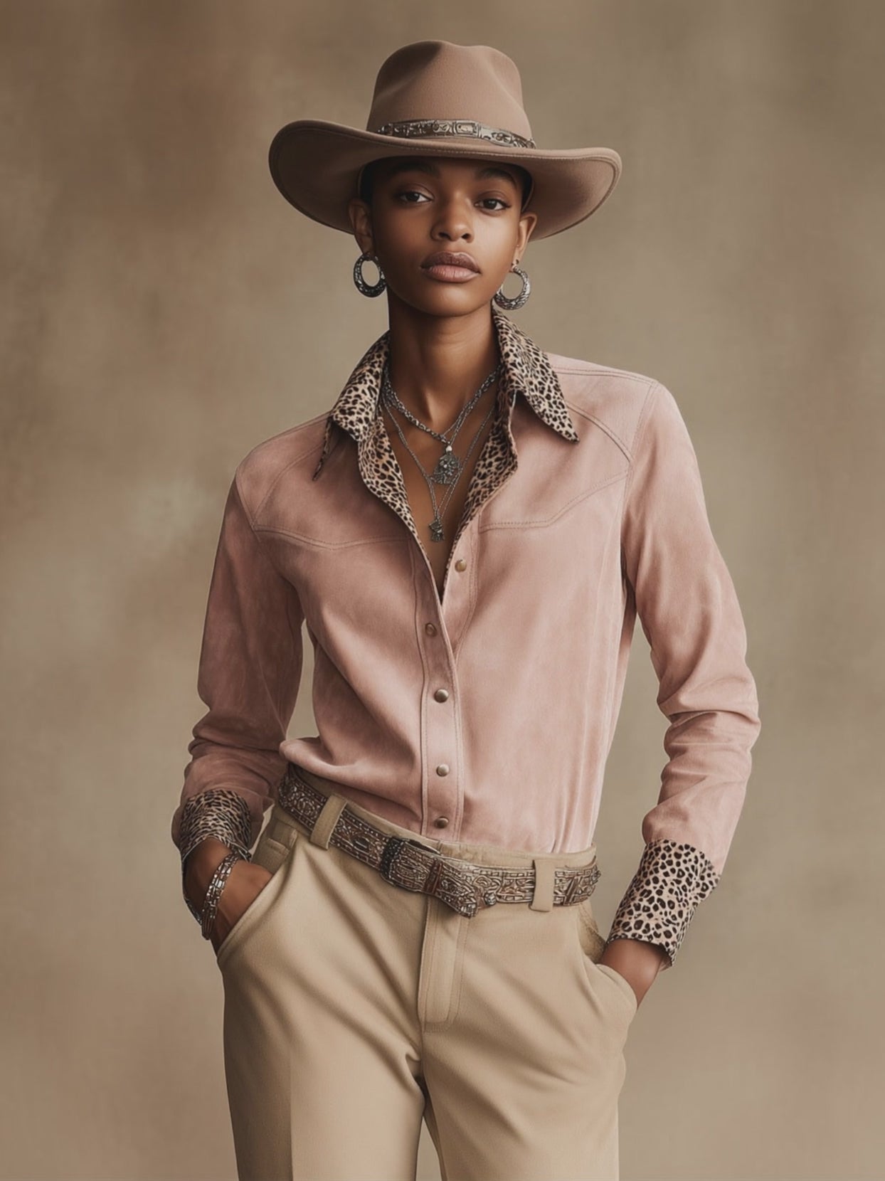 Western Retro Leopard Print Pink Faux Suede Long-Sleeve Shirt