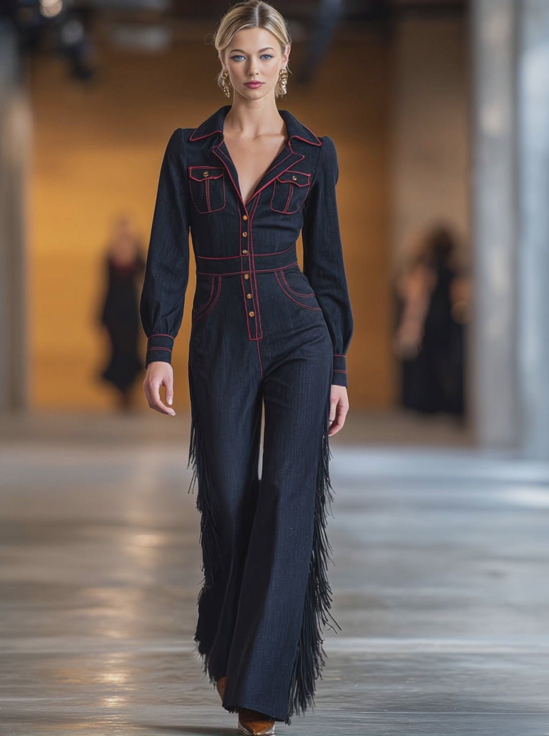 Retro Red Topstitched Navy Denim Long Sleeve Flared Tassel Jumpsuit