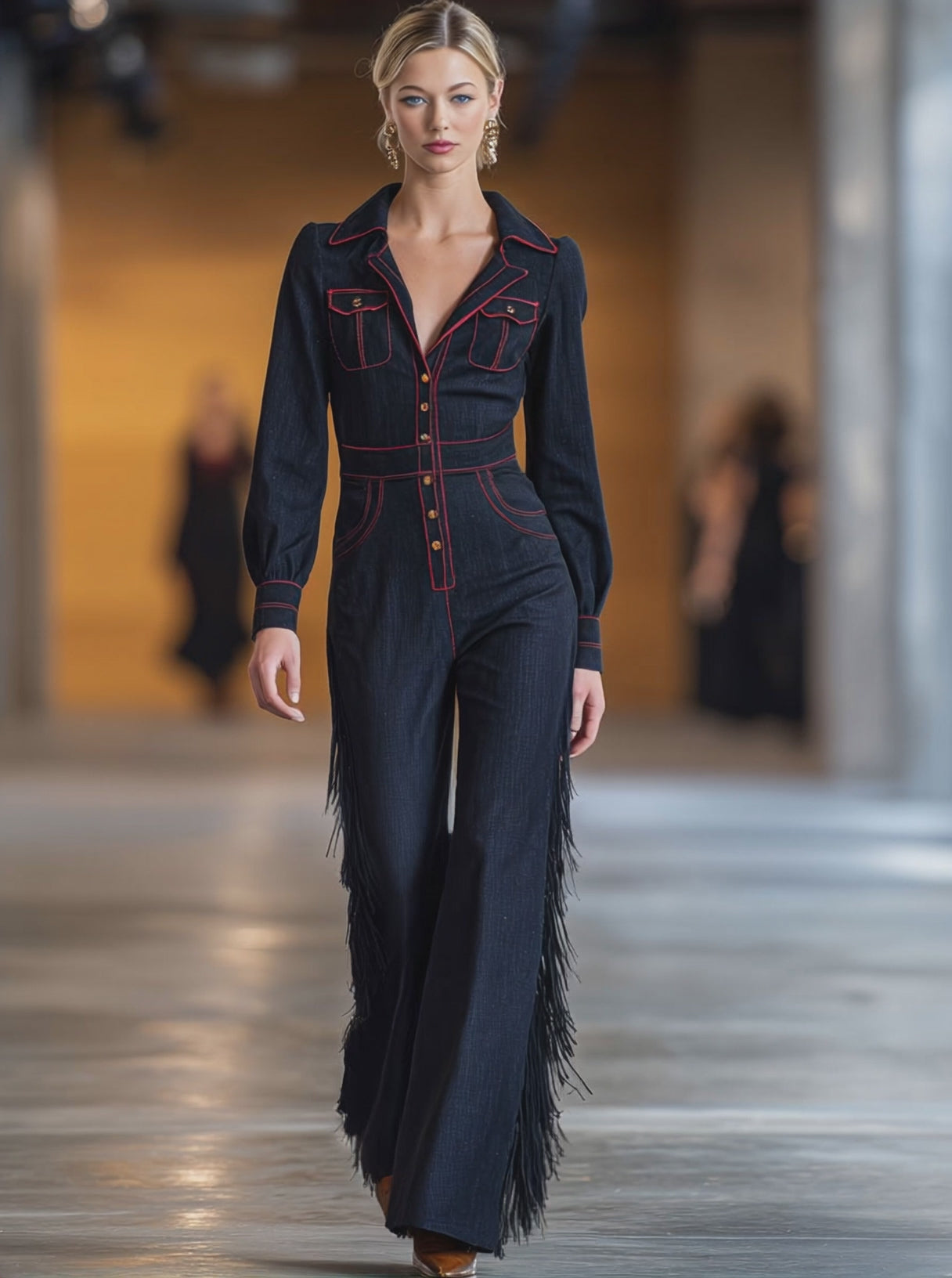Retro Red Topstitched Navy Denim Long Sleeve Flared Tassel Jumpsuit