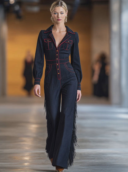 Retro Red Topstitched Navy Denim Long Sleeve Flared Tassel Jumpsuit