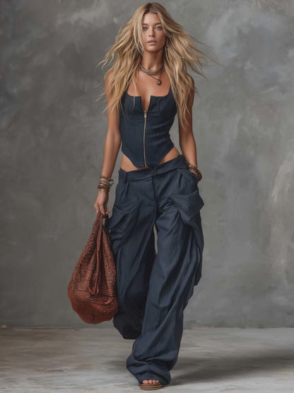 Personality Retro Casual Navy Blue Striped Square-Neck Front Zipper Top And Pants Set