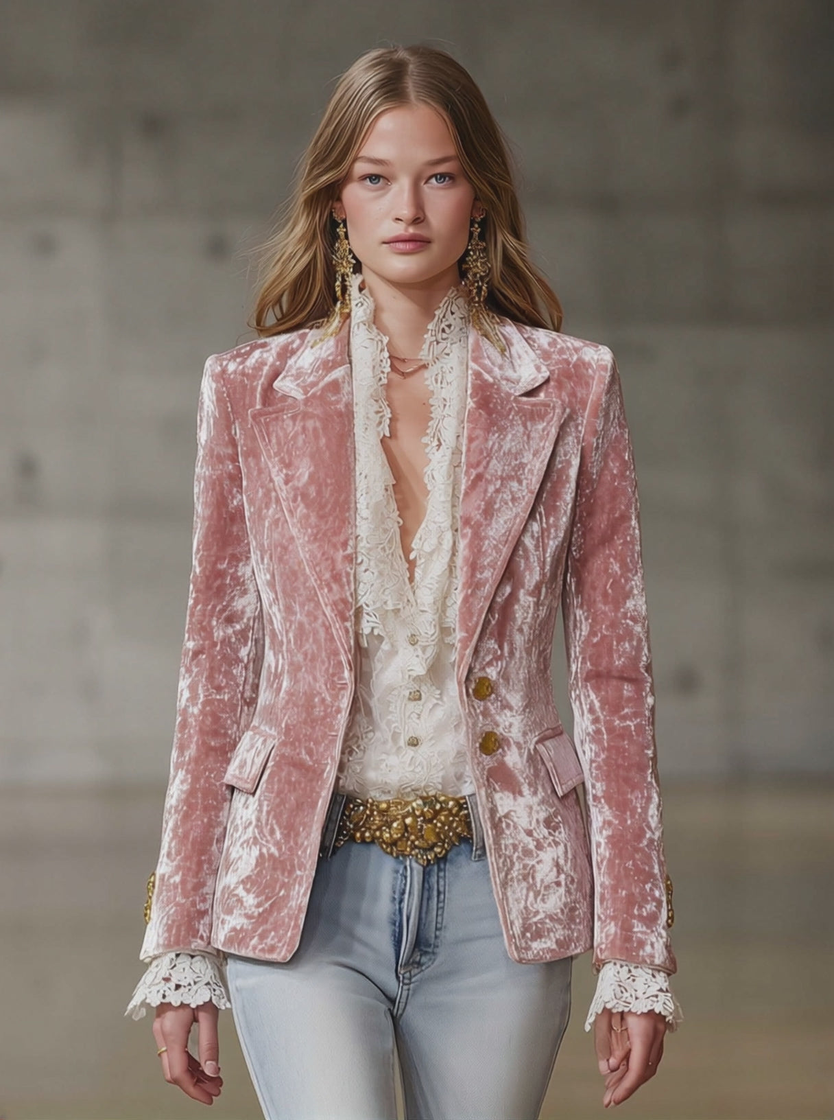 Fashion Retro Pink Velvet Gold Button Blazer