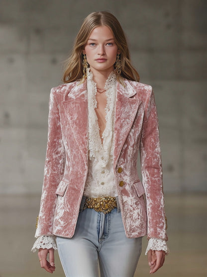 Fashion Retro Pink Velvet Gold Button Blazer