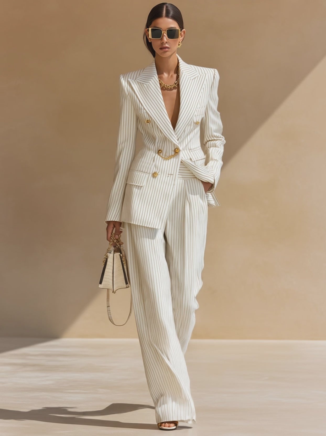 Retro-elegant Beige Striped Double-breasted Blazer