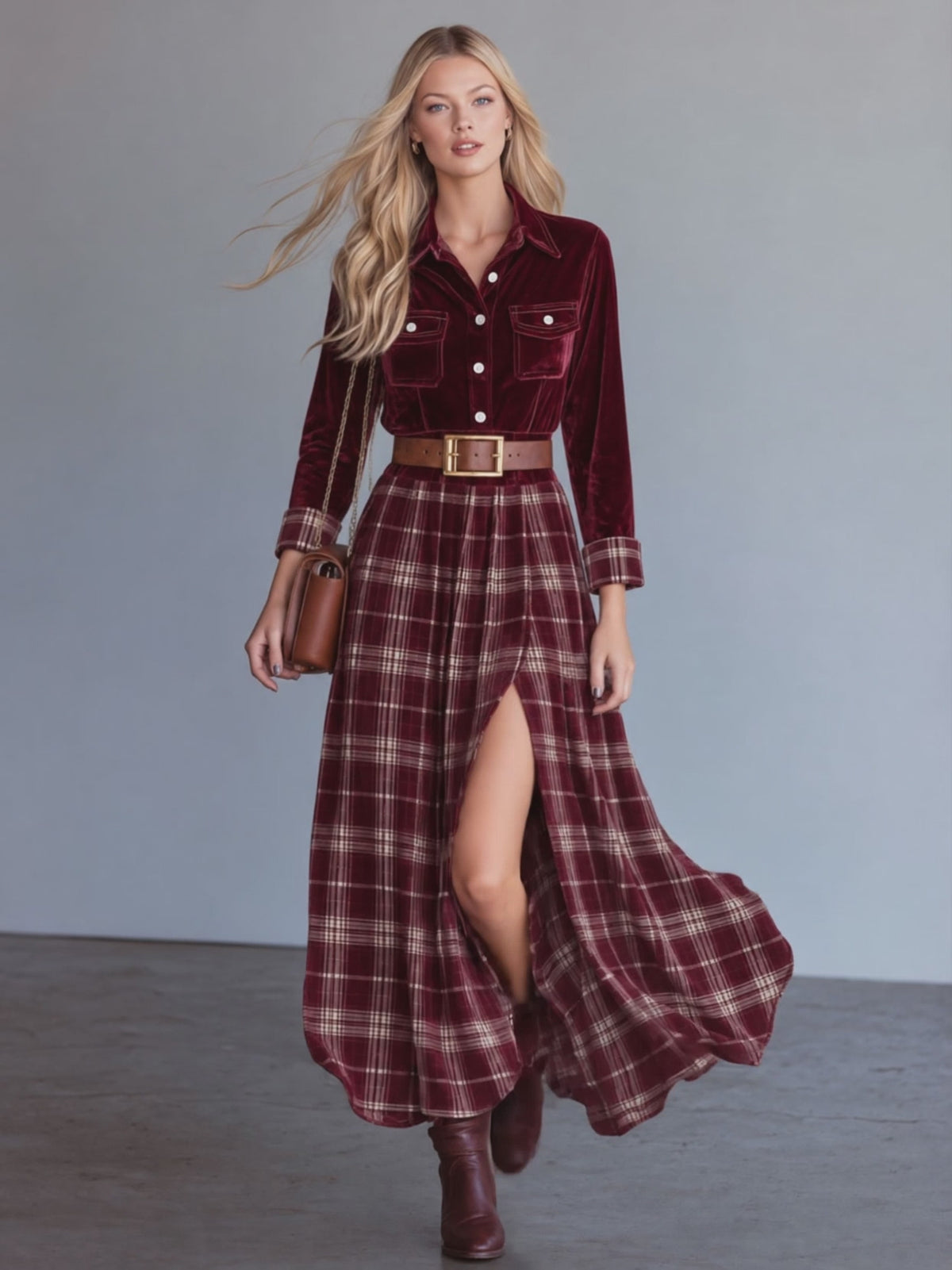 Retro Casual Plaid Print Red Velvet Lapel Slit Velvet Maxi Dress