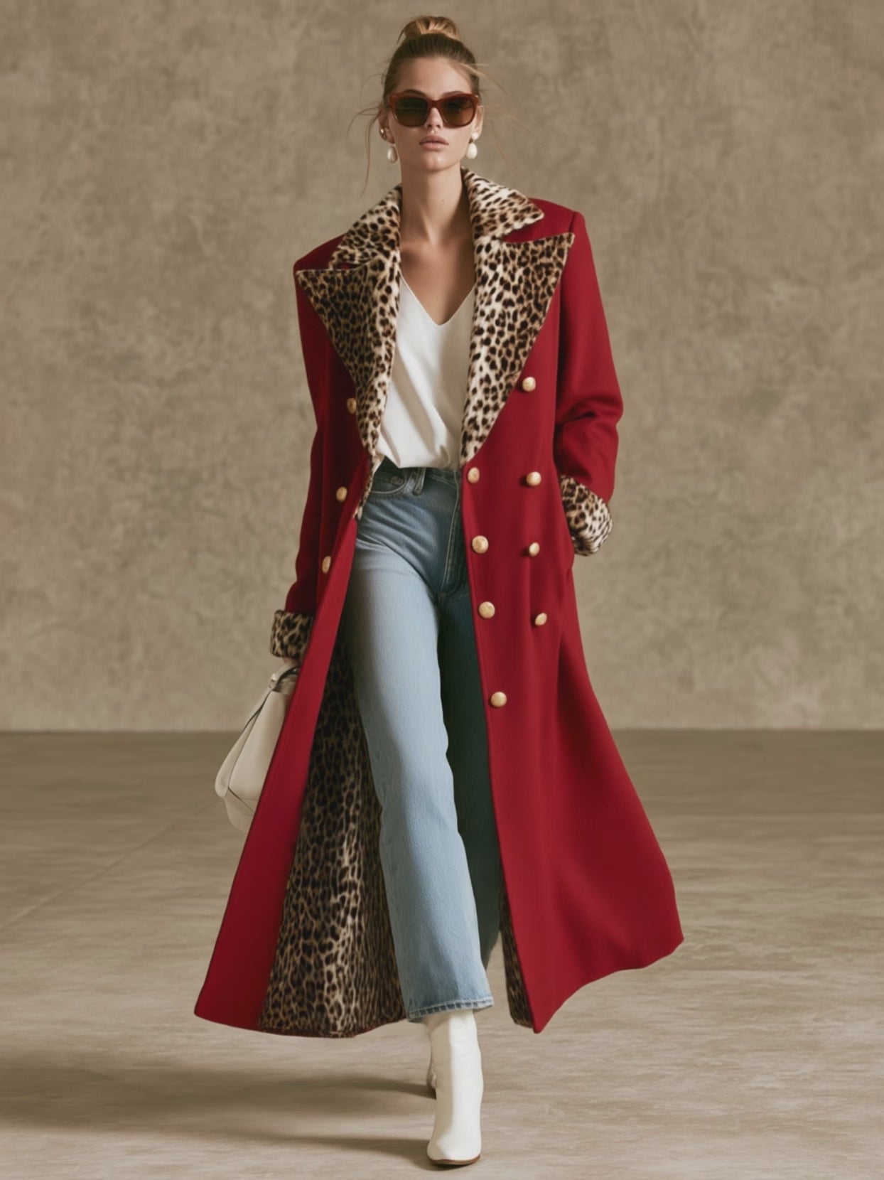 Elegant Retro Velvet Leopard Print Patchwork Red Coat