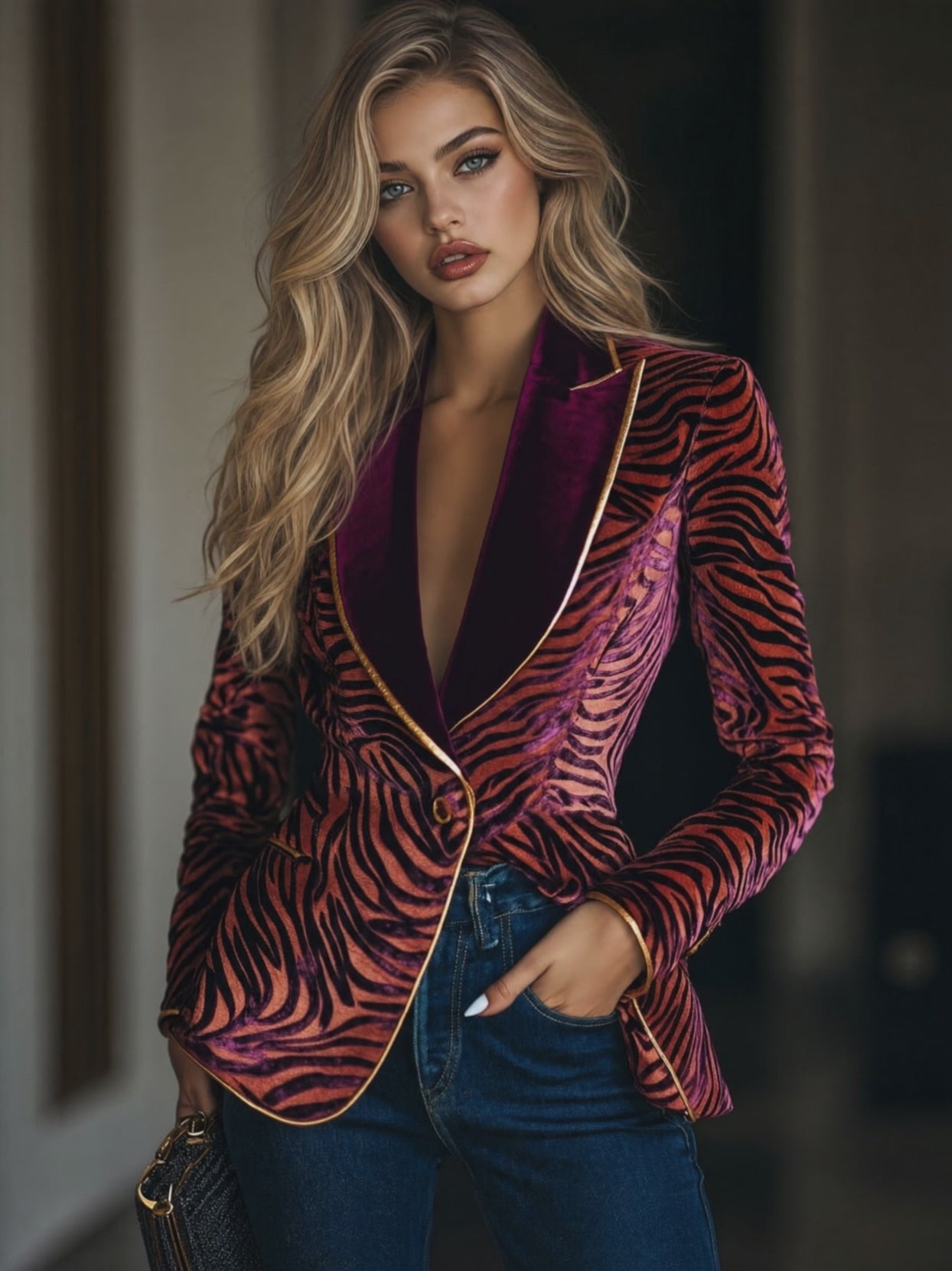 Casual Loose Vintage Velvet Zebra Pattern Gold Wire Striped Lapel Pocket Blazer