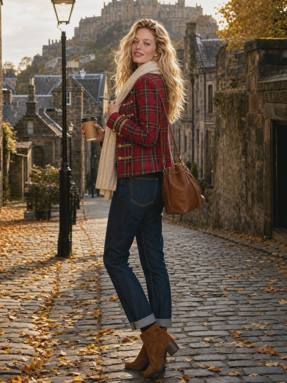 Retro Red Plaid Frog Button Faux Suede Jacket