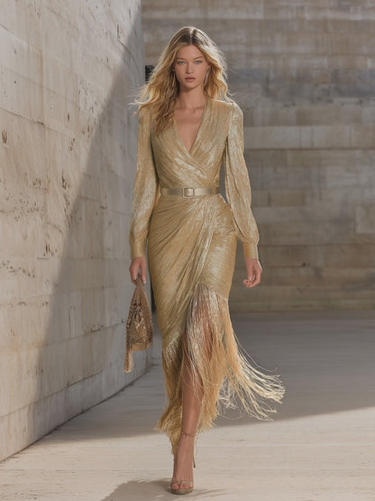 Chic And Sophisticated V-neck Tassel Champagne Shimmering Maxi Dress