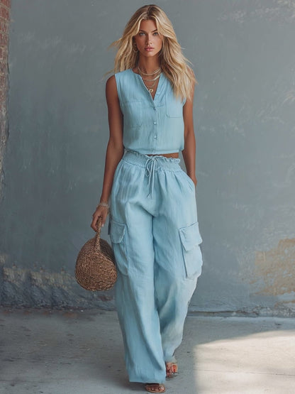 Casual Fashion Light Blue Cotton-Linen Crew-Neck Top And Wide-Leg Pants Set