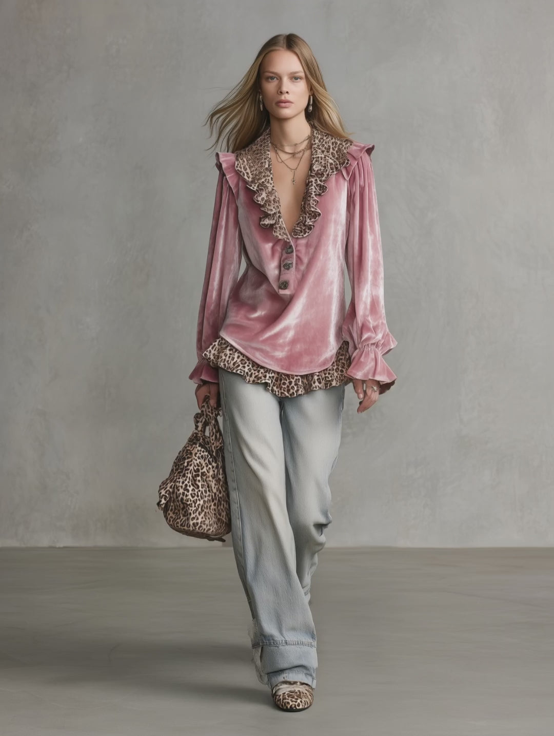 Retro V-neck Leopard Print Ruffled Hem Velvet Shirt