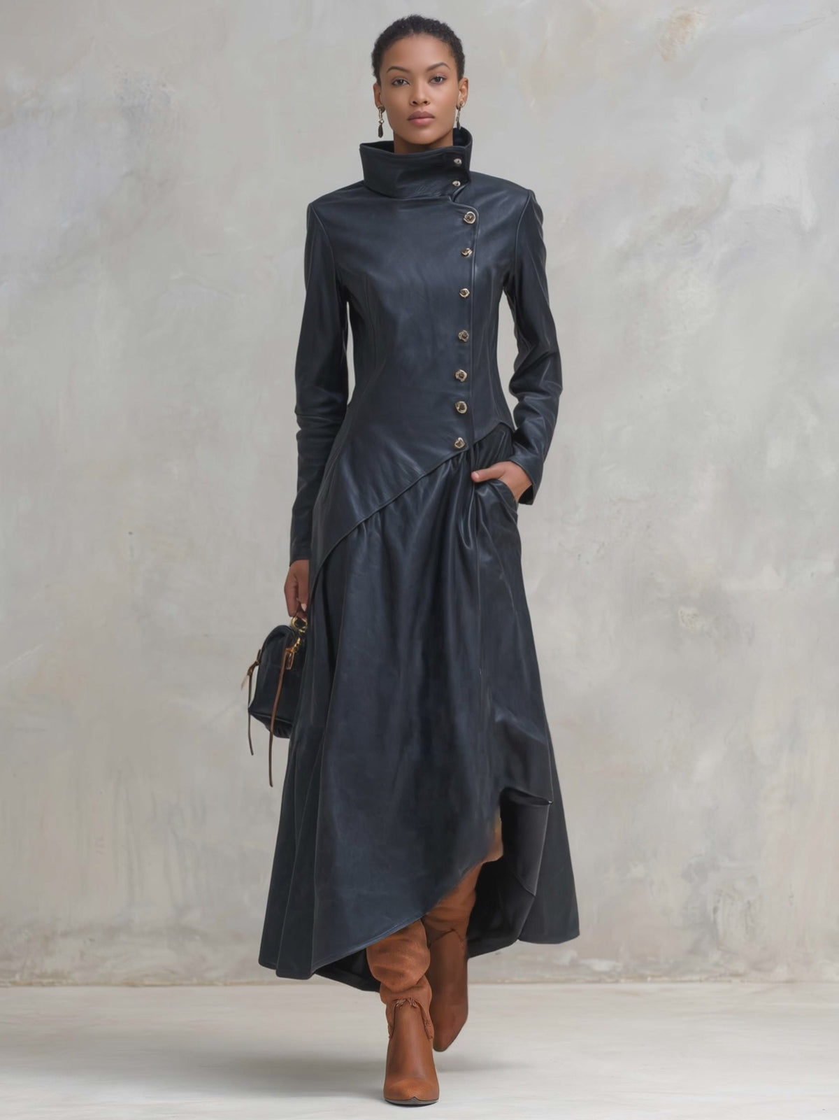 Vintage Fashion Leather Maxi Dress Coat High Collar Asymmetric Hem Long Sleeve