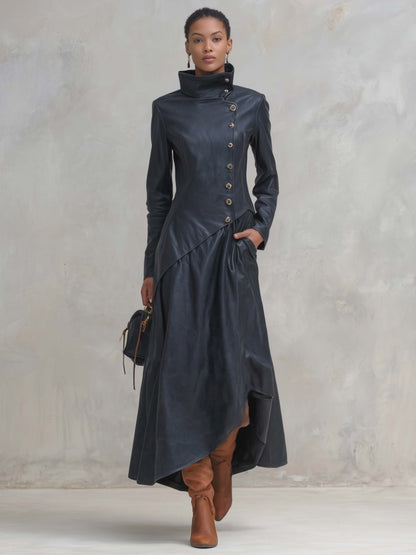 Vintage Fashion Leather Maxi Dress Coat High Collar Asymmetric Hem Long Sleeve